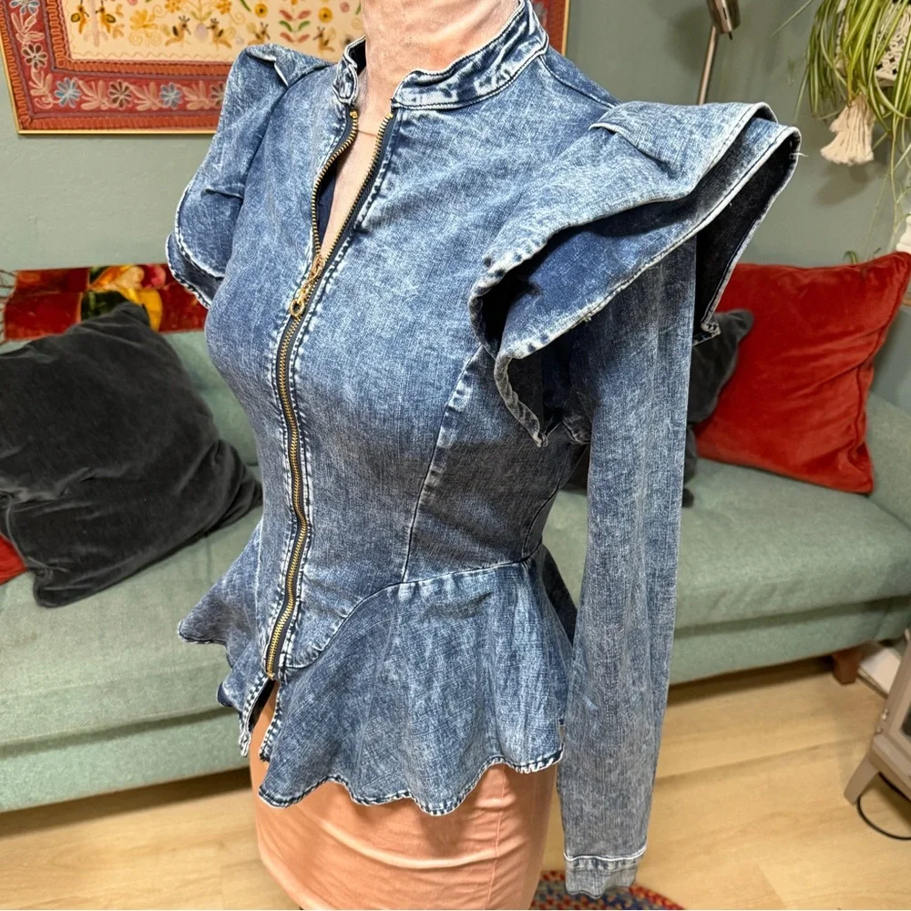 Vintage Blue Jean stretch Lady GaGa peplum feminine Jacket Small - Picture 2 of 13